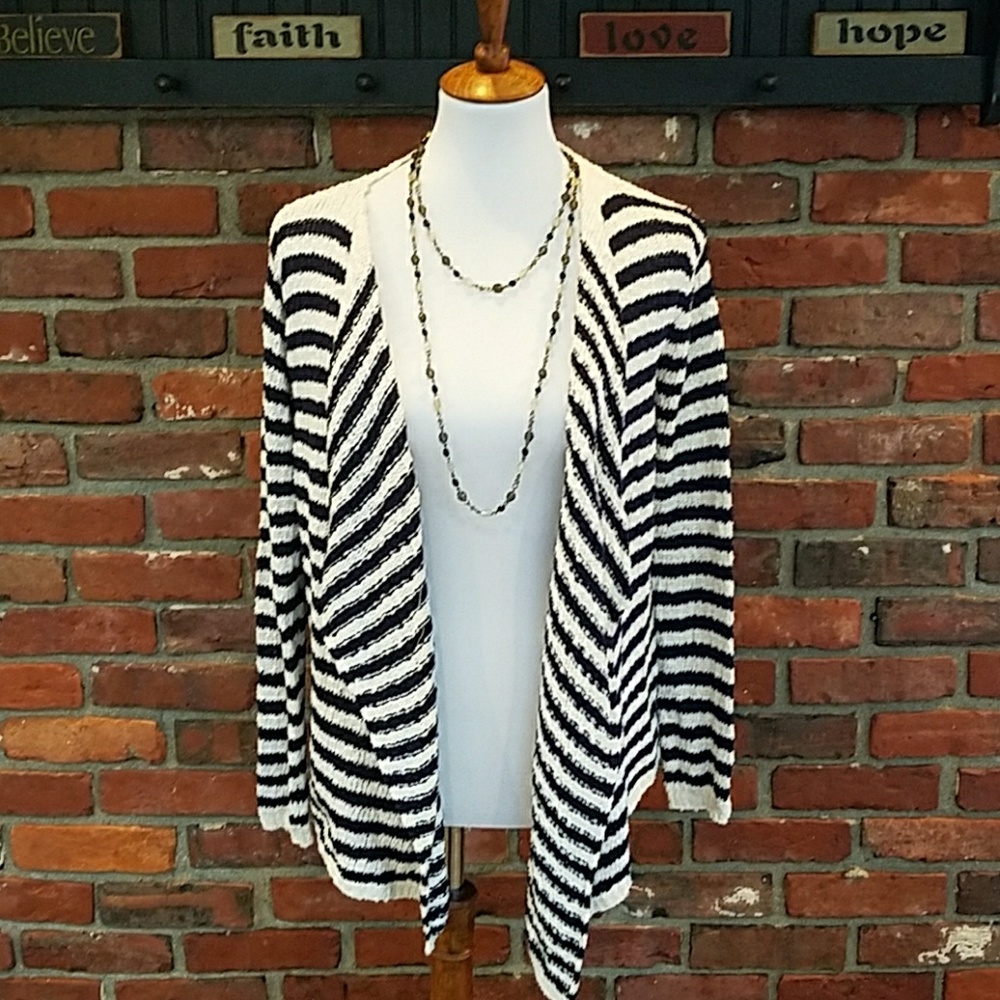 Cream and Black Open Front Striped Sweater